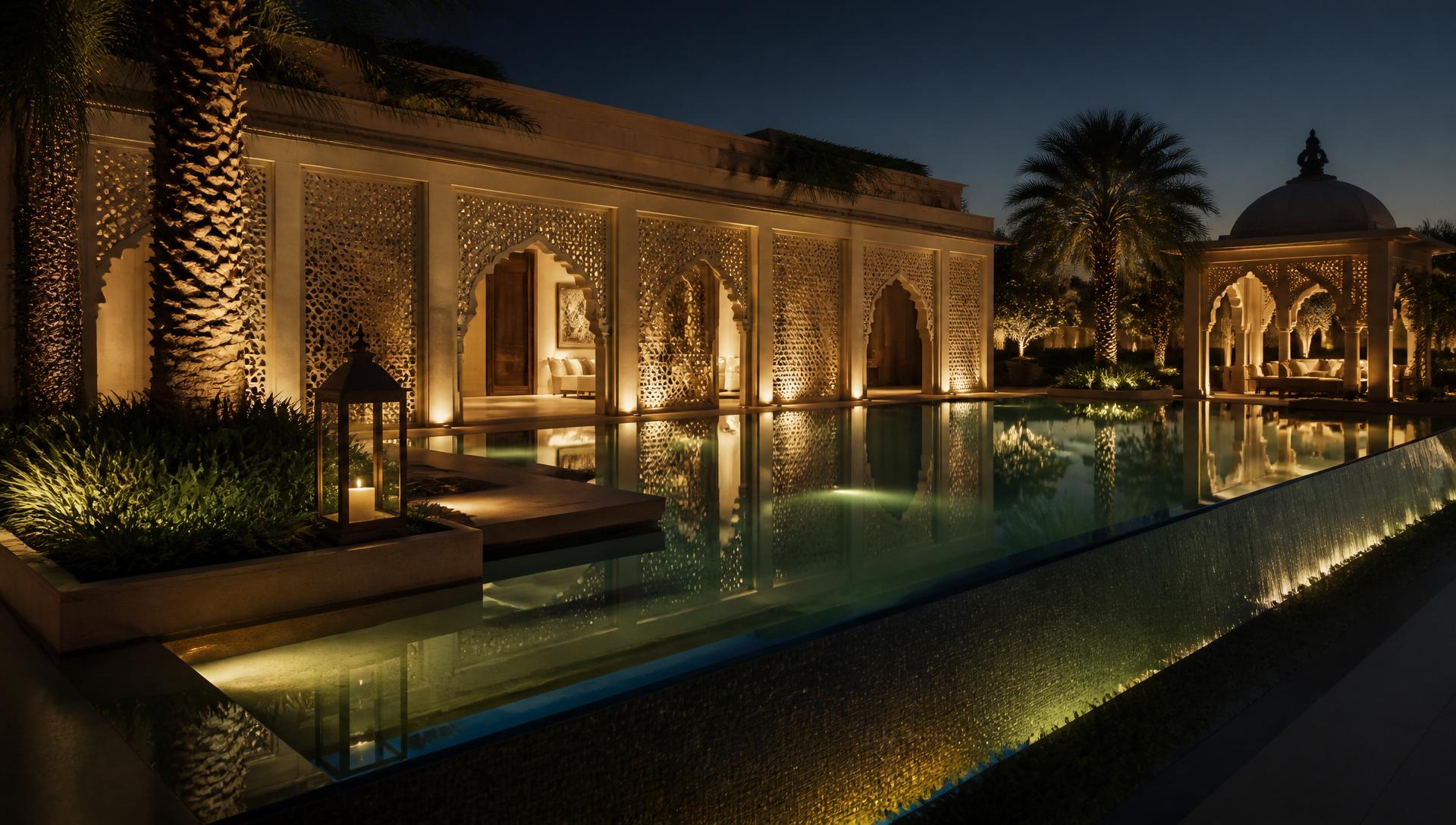 Jaali screens, still water, warm stone.