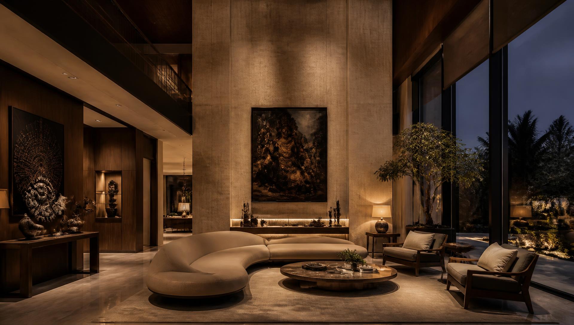 A double-height living volume, lit for evening.
